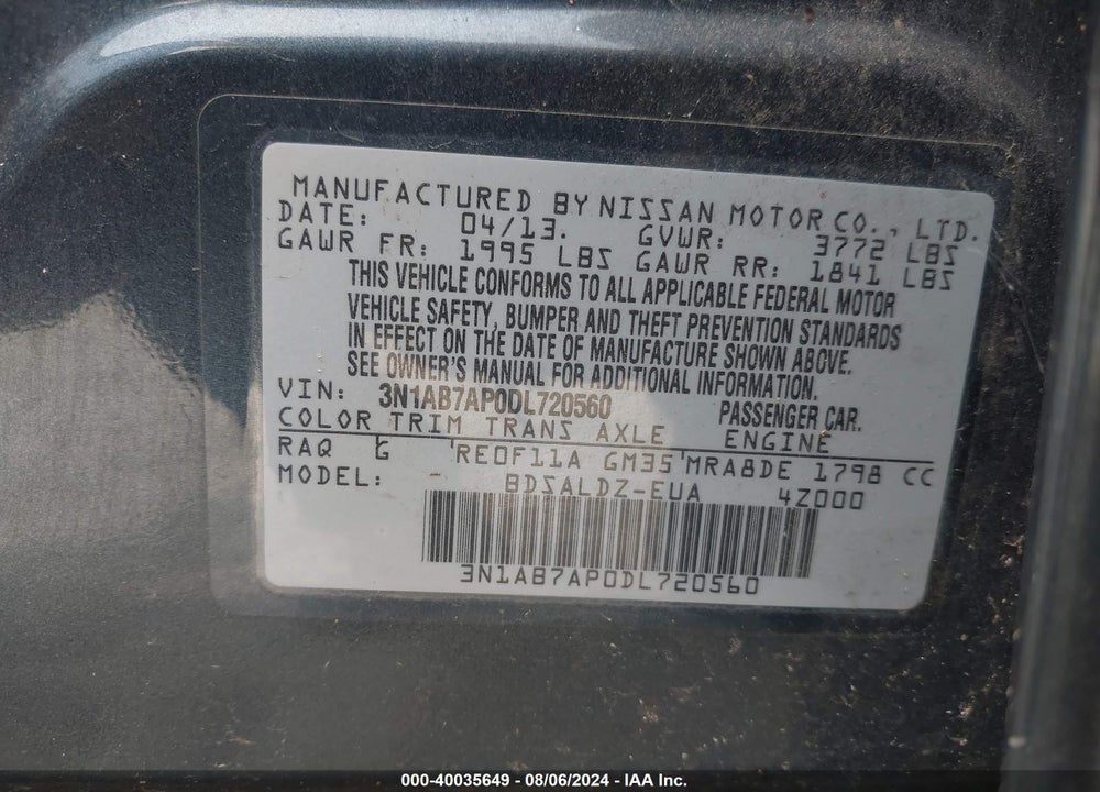 2013 NISSAN SENTRA SV VIN: 3N1AB7AP0DL720560