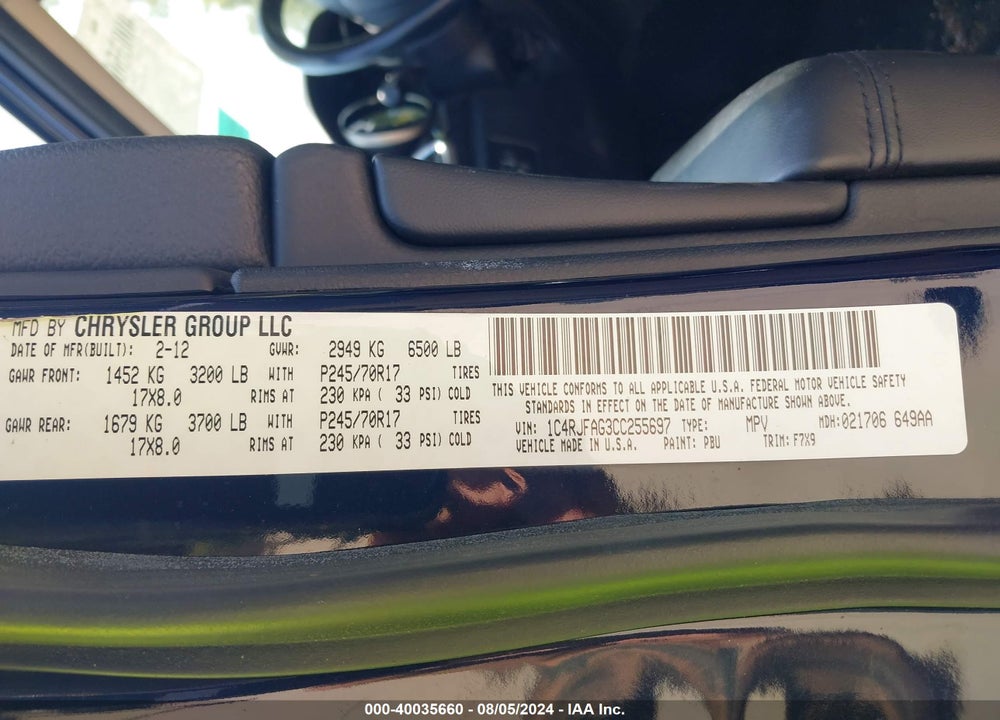2012 JEEP GRAND CHEROKEE LAREDO VIN: 1C4RJFAG3CC255697