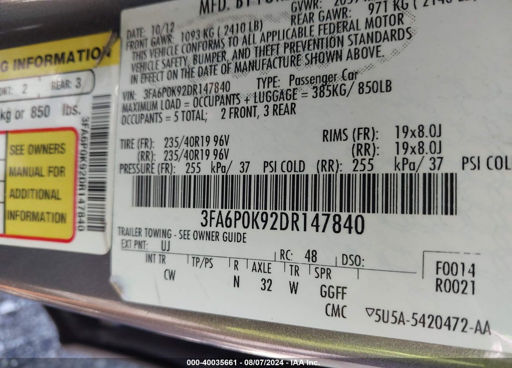 2013 FORD FUSION TITANIUM VIN: 3FA6P0K92DR147840