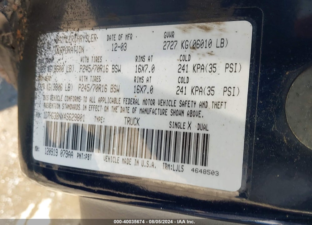 2004 DODGE DAKOTA SPORT/SXT VIN: 1D7HG38NX4S629801