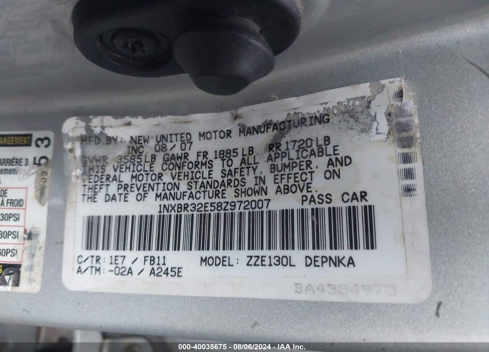2008 TOYOTA COROLLA LE VIN: 1NXBR32E58Z972007