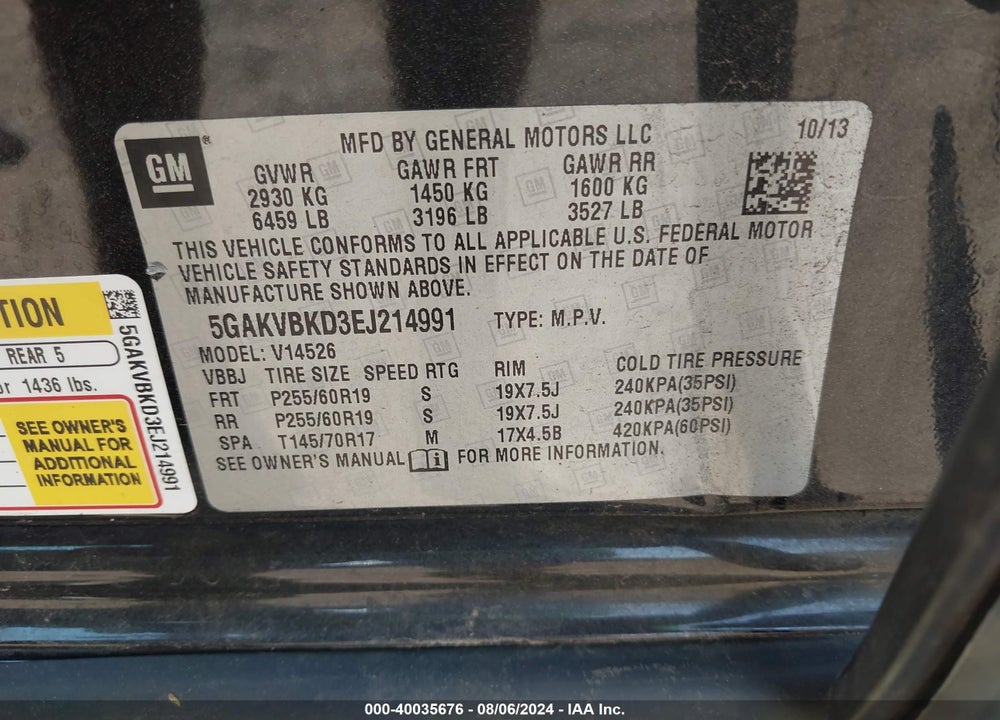 2014 BUICK ENCLAVE LEATHER VIN: 5GAKVBKD3EJ214991