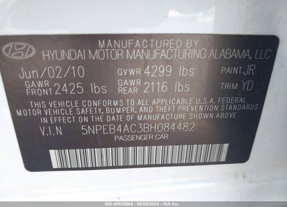 2011 HYUNDAI SONATA GLS VIN: 5NPEB4AC3BH084482