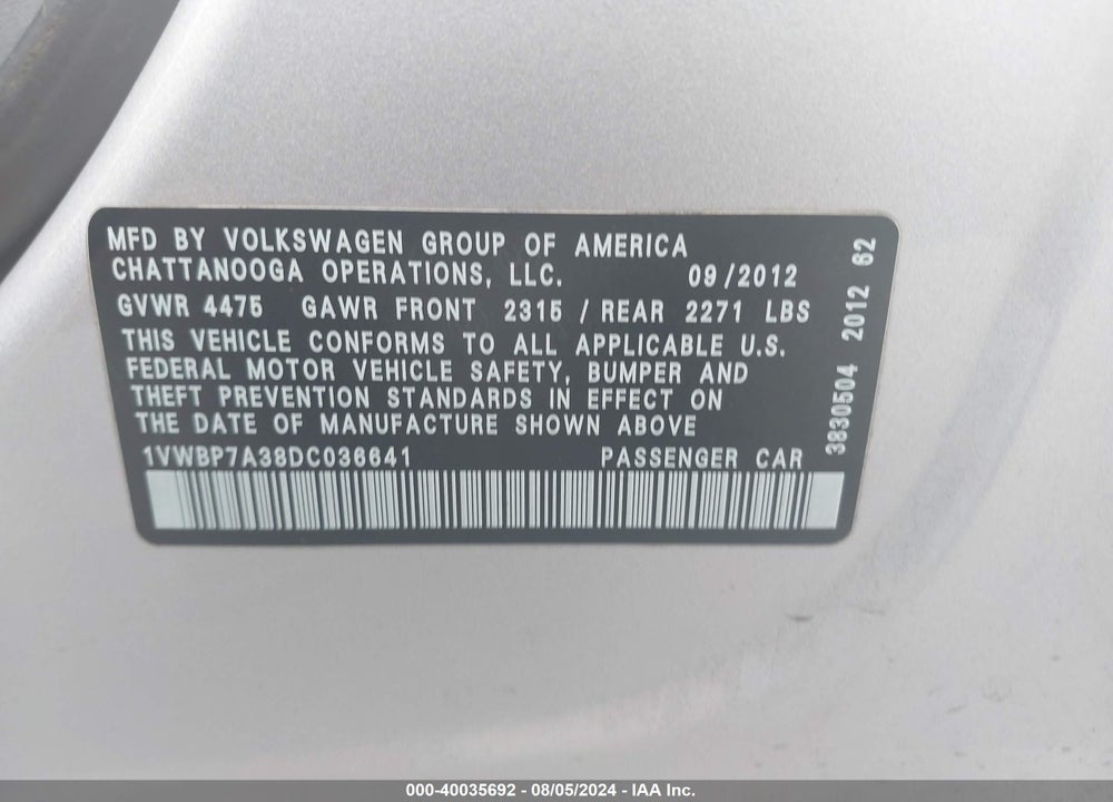 2013 VOLKSWAGEN PASSAT 2.5L SE VIN: 1VWBP7A38DC036641