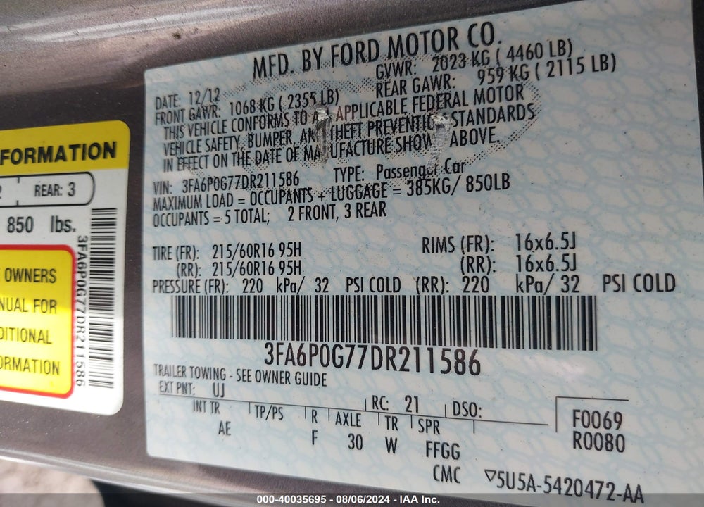 2013 FORD FUSION S VIN: 3FA6P0G77DR211586