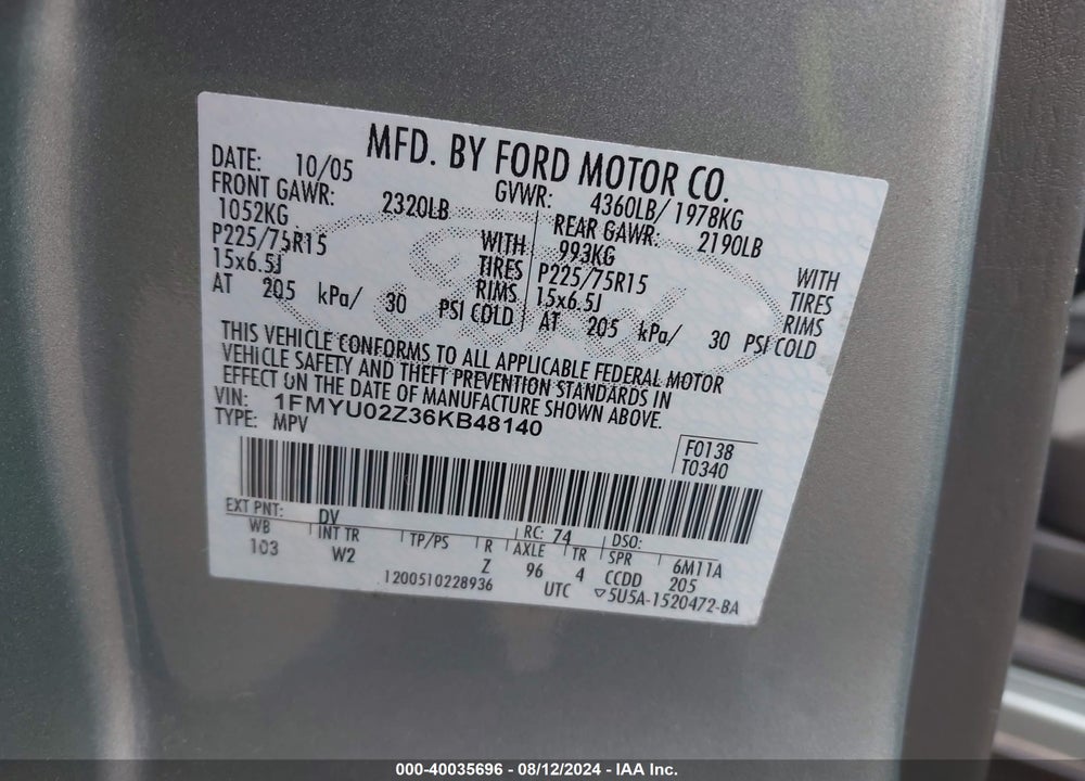2006 FORD ESCAPE XLS/XLS MANUAL VIN: 1FMYU02Z36KB48140