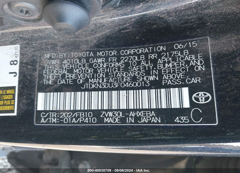 2015 TOYOTA PRIUS TWO VIN: JTDKN3DU3F0460013