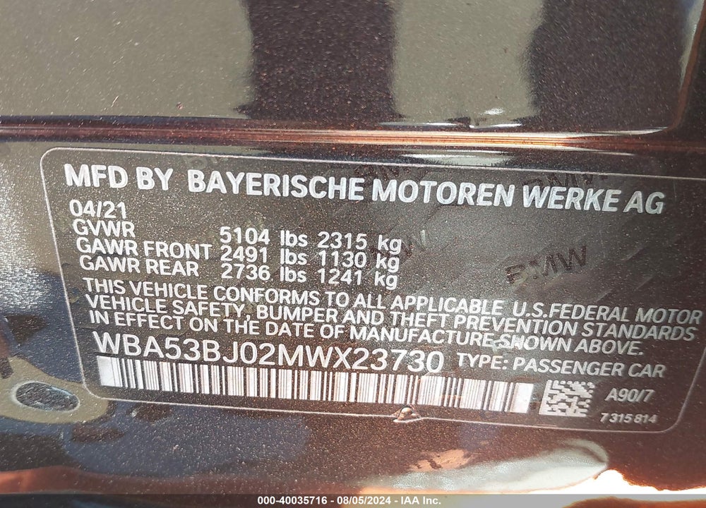 2021 BMW 540I VIN: WBA53BJ02MWX23730