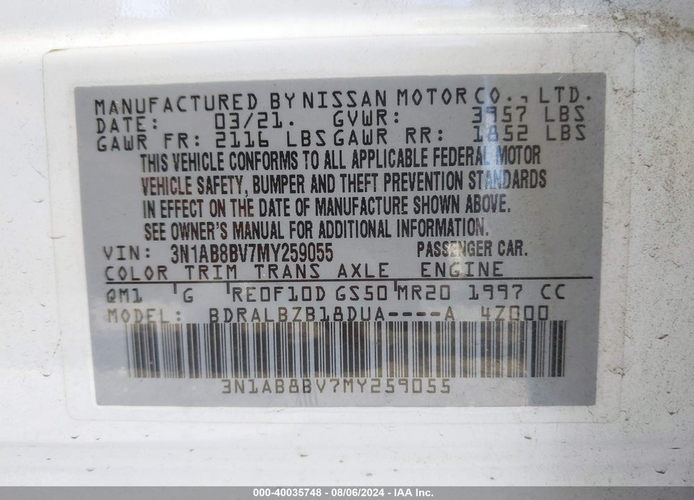 2021 NISSAN SENTRA S XTRONIC CVT VIN: 3N1AB8BV7MY259055
