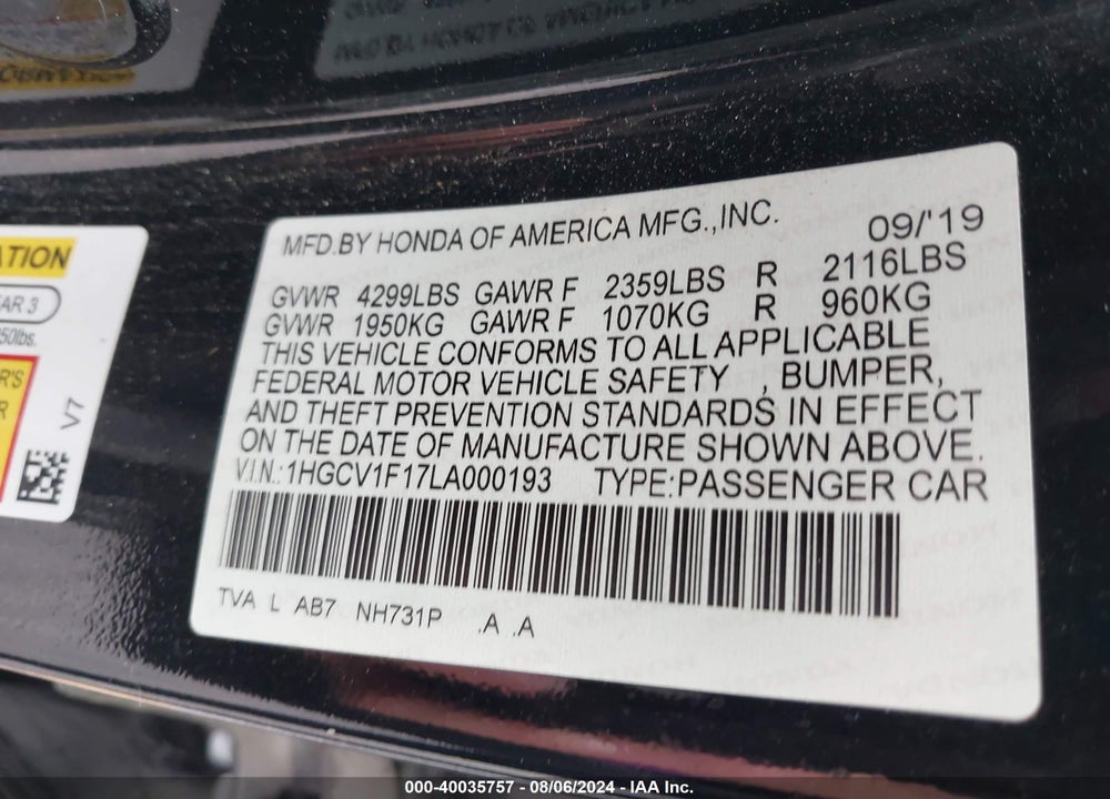 2020 HONDA ACCORD LX VIN: 1HGCV1F17LA000193