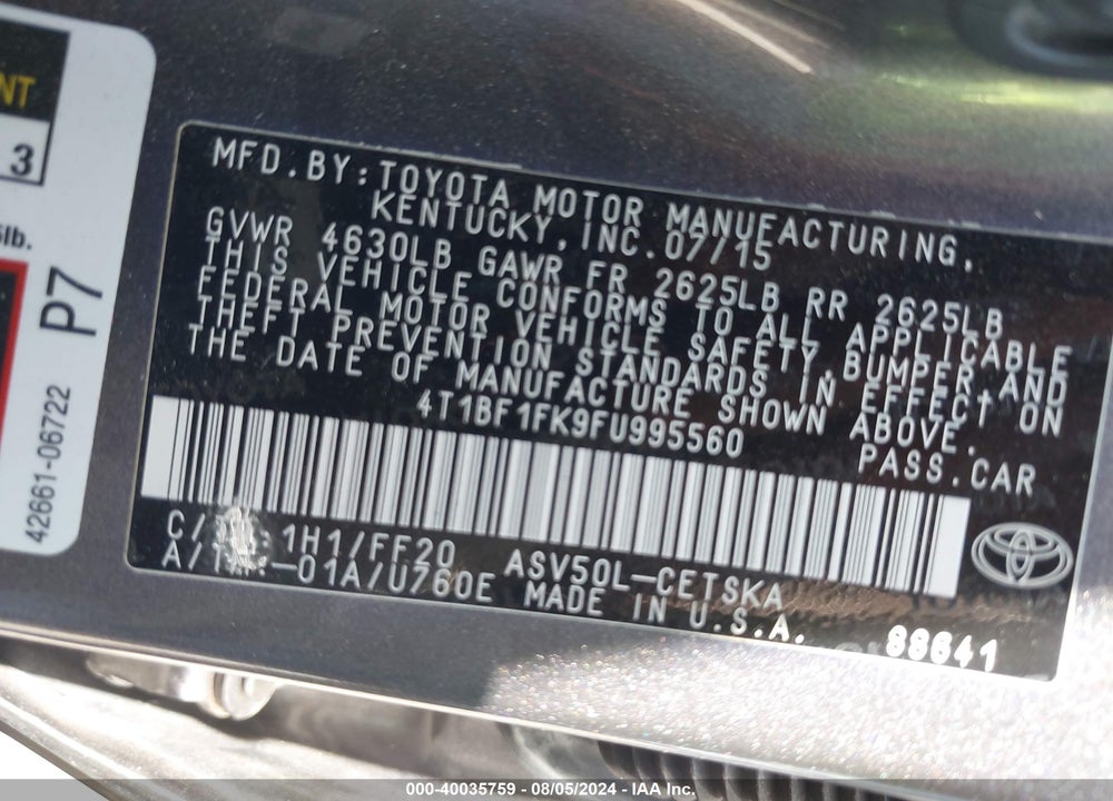 2015 TOYOTA CAMRY SE VIN: 4T1BF1FK9FU995560