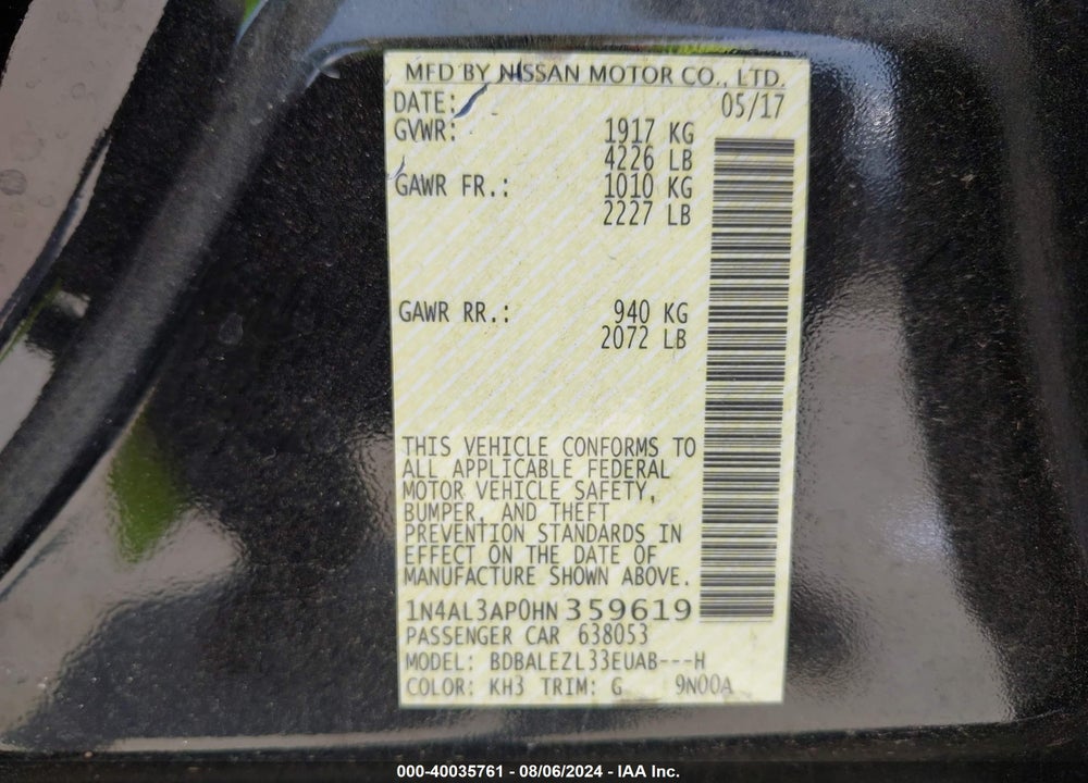 2017 NISSAN ALTIMA 2.5 S VIN: 1N4AL3AP0HN359619