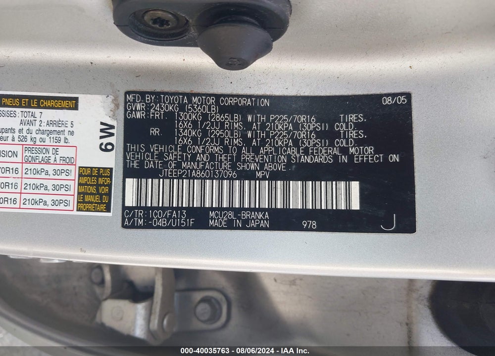 2006 TOYOTA HIGHLANDER V6 VIN: JTEEP21A860137096