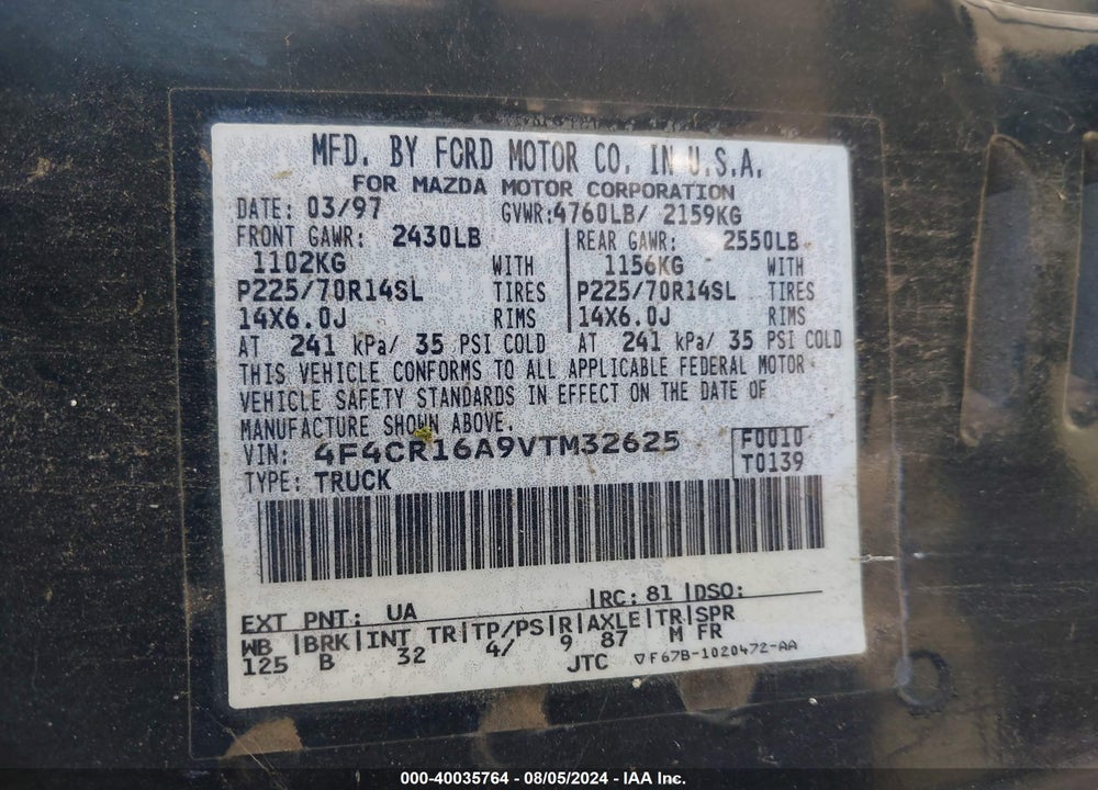 1997 MAZDA B2300 SE VIN: 4F4CR16A9VTM32625