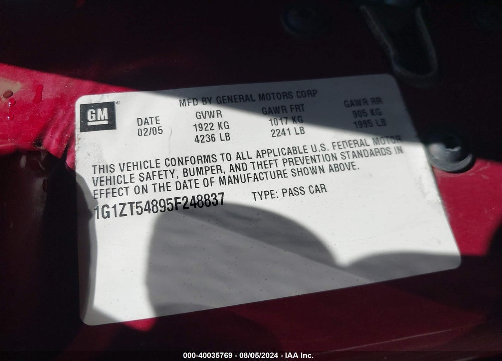 2005 CHEVROLET MALIBU VIN: 1G1ZT54895F248837