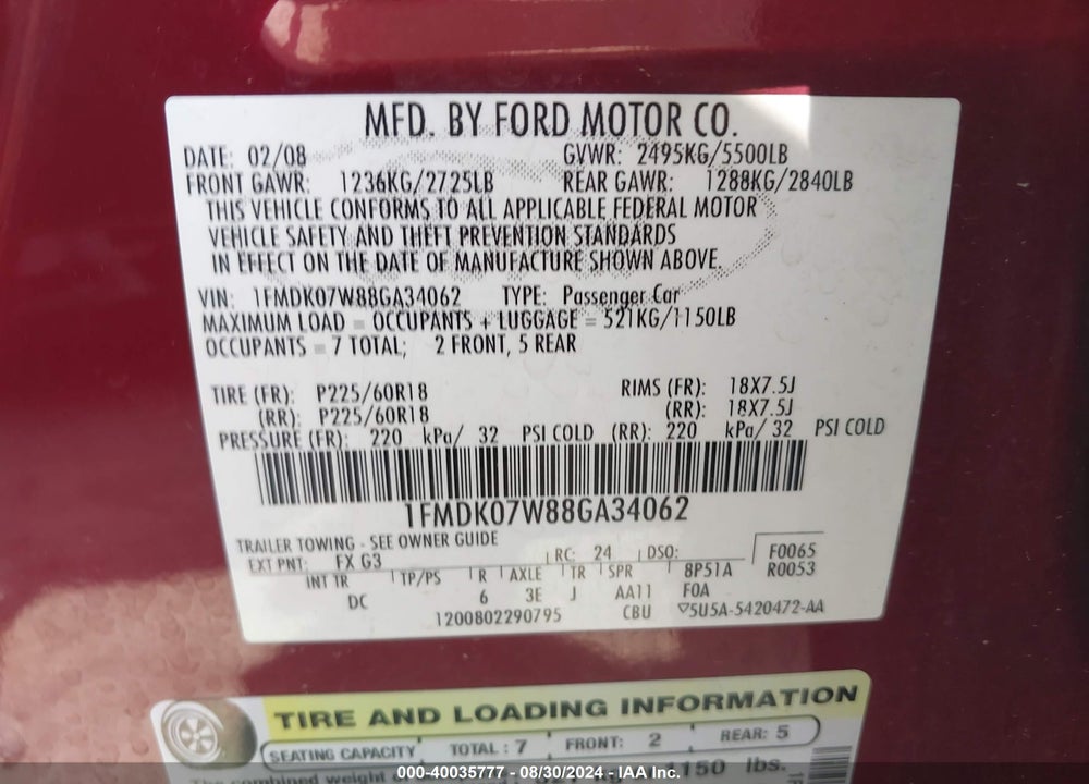 2008 FORD TAURUS X EDDIE BAUER VIN: 1FMDK07W88GA34062