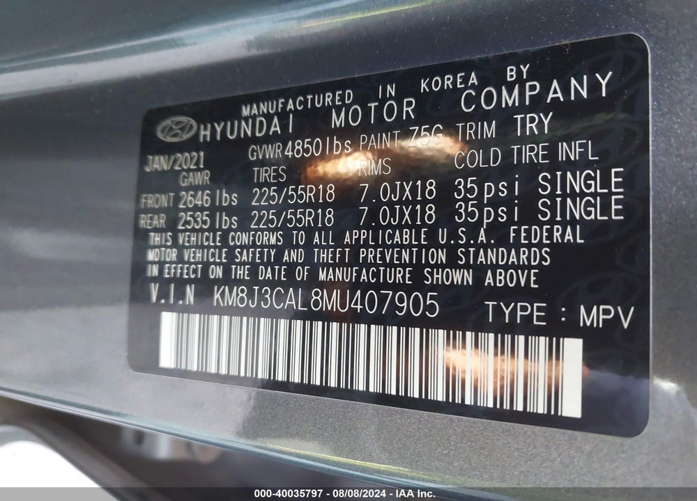 2021 HYUNDAI TUCSON ULTIMATE VIN: KM8J3CAL8MU407905