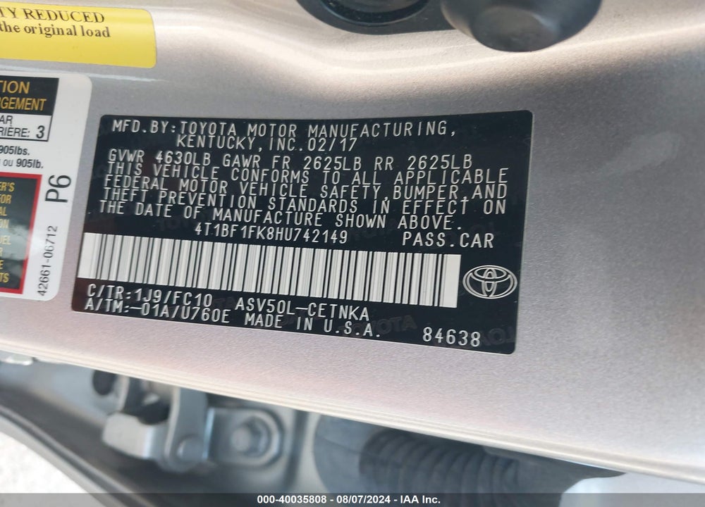 2017 TOYOTA CAMRY LE VIN: 4T1BF1FK8HU742149