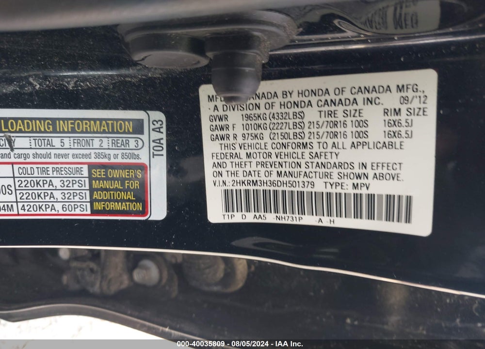 2013 HONDA CR-V VIN: 2HKRM3H36DH501379