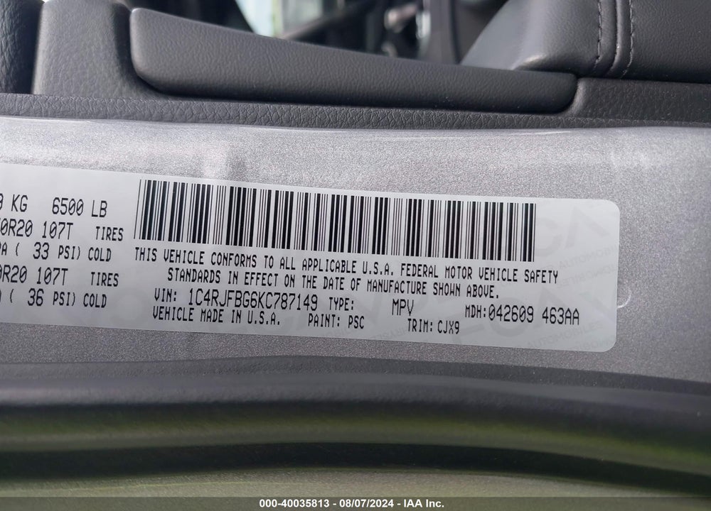 2019 JEEP GRAND CHEROKEE LIMITED 4X4 VIN: 1C4RJFBG6KC787149