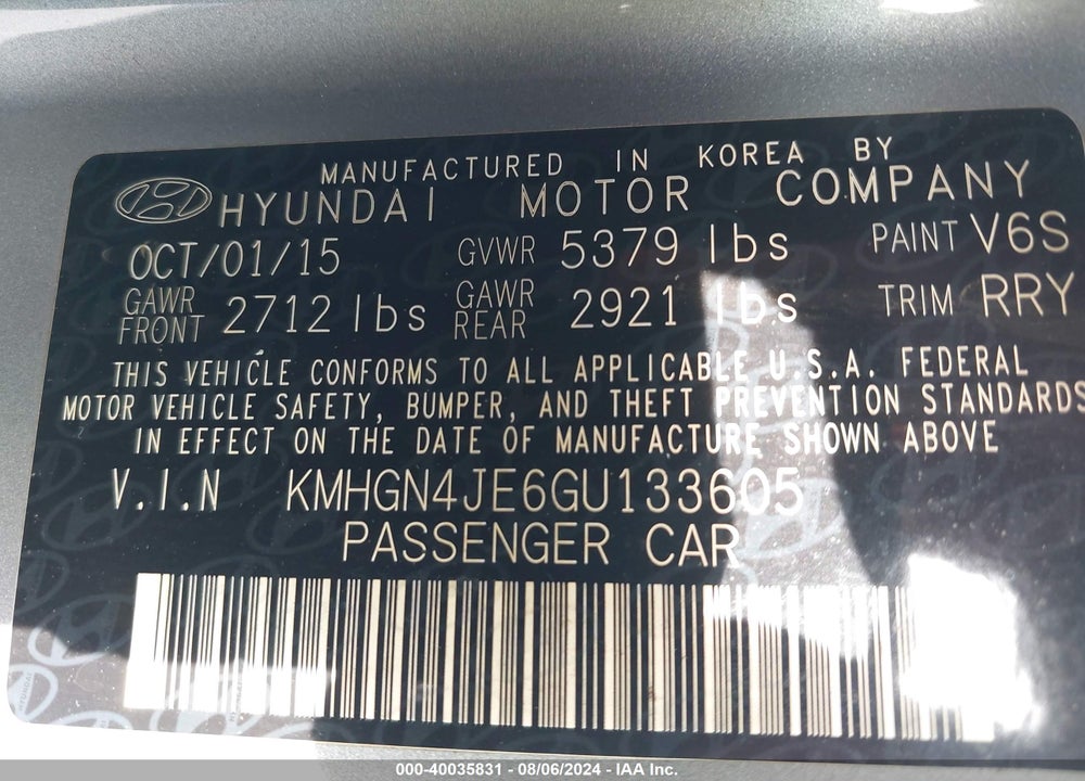 2016 HYUNDAI GENESIS 3.8 VIN: KMHGN4JE6GU133605