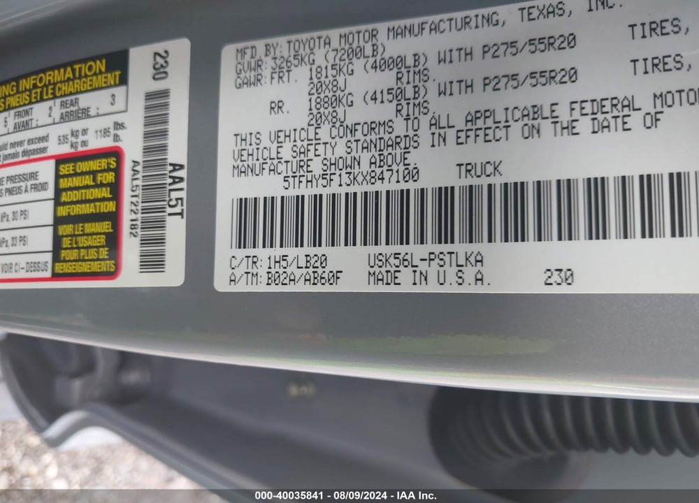 2019 TOYOTA TUNDRA LIMITED 5.7L V8 VIN: 5TFHY5F13KX847100