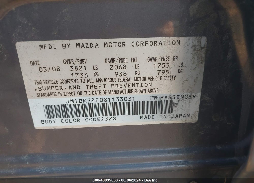 2008 MAZDA 3 I TOURING VALUE VIN: JM1BK32F081133031