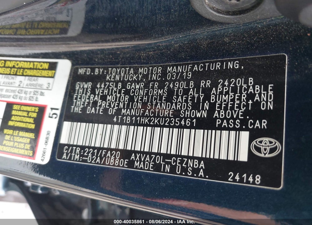 2019 TOYOTA CAMRY LE VIN: 4T1B11HK2KU235461
