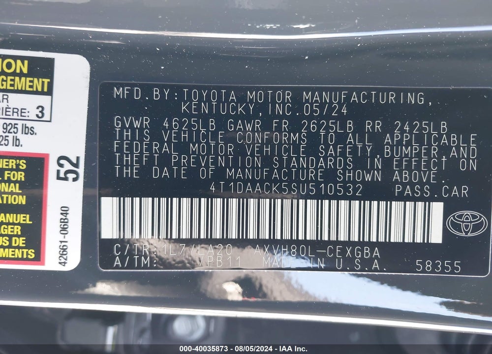 2025 TOYOTA CAMRY XLE VIN: 4T1DAACK5SU510532