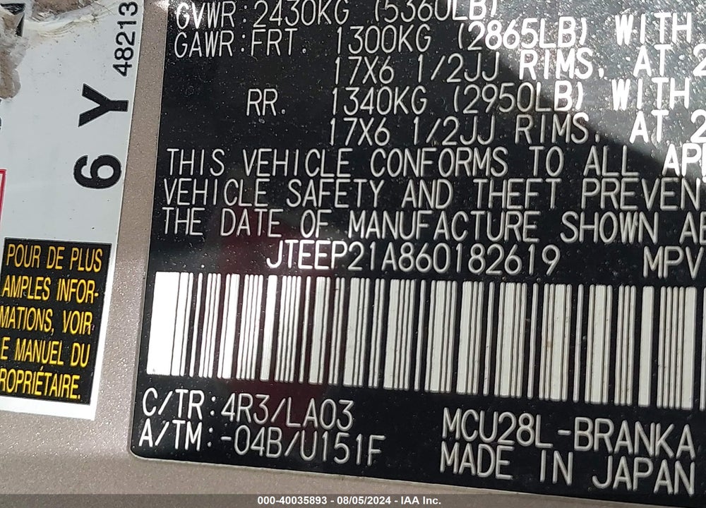 2006 TOYOTA HIGHLANDER LIMITED V6 VIN: JTEEP21A860182619