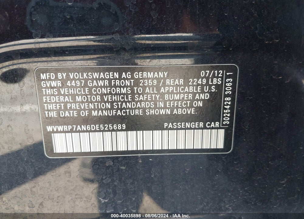 2013 VOLKSWAGEN CC 2.0T LUX VIN: WVWRP7AN6DE525689