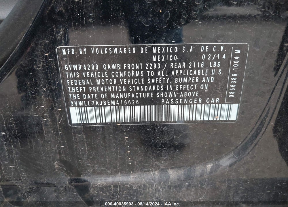 2014 VOLKSWAGEN JETTA 2.0L TDI VIN: 3VWLL7AJ8EM416626