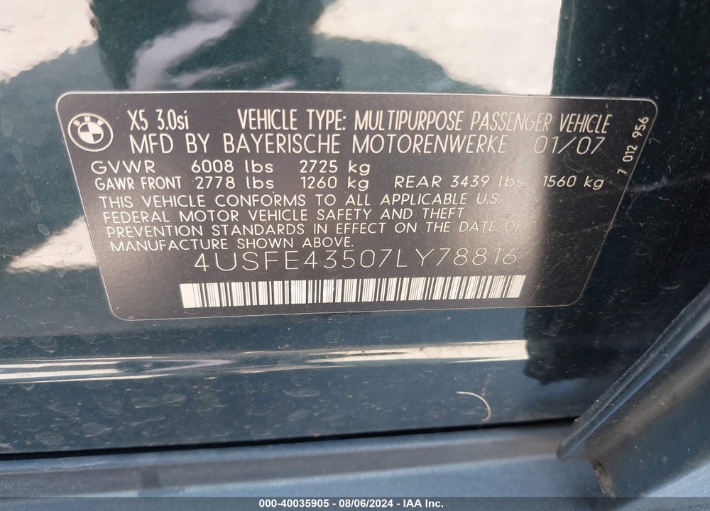 2007 BMW X5 3.0SI VIN: 4USFE43507LY78816