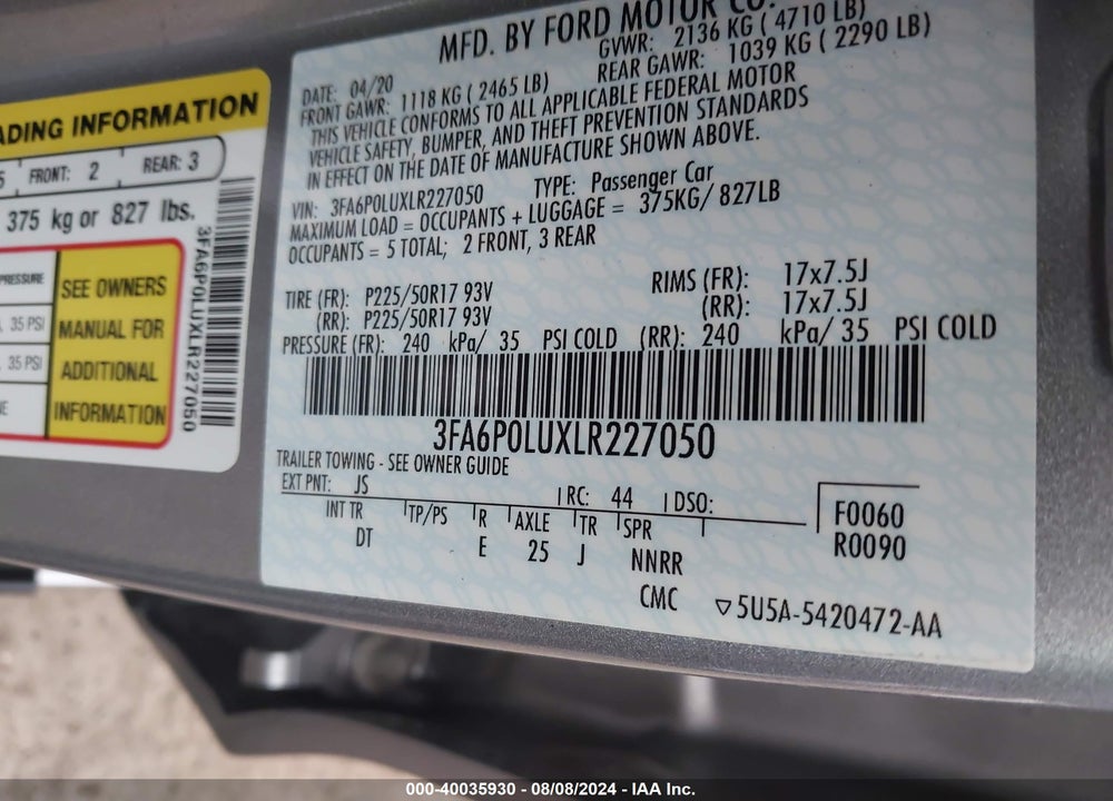 2020 FORD FUSION HYBRID SE VIN: 3FA6P0LUXLR227050