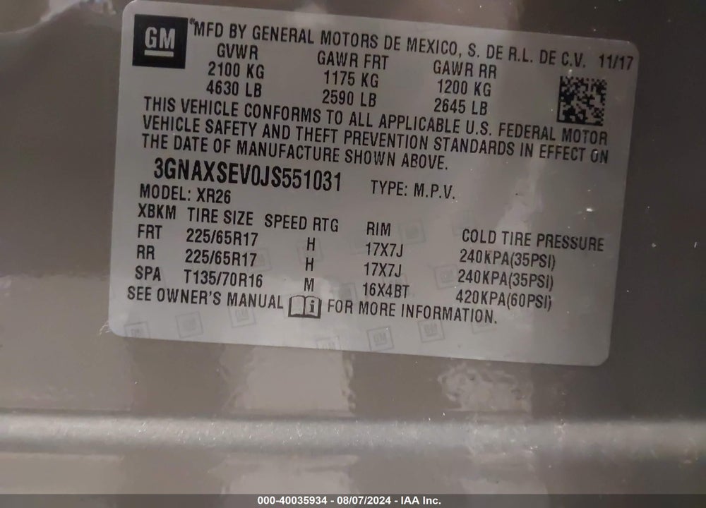 2018 CHEVROLET EQUINOX LT VIN: 3GNAXSEV0JS551031