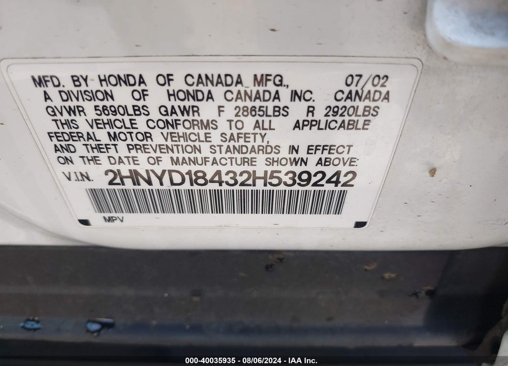 2002 ACURA MDX VIN: 2HNYD18432H539242