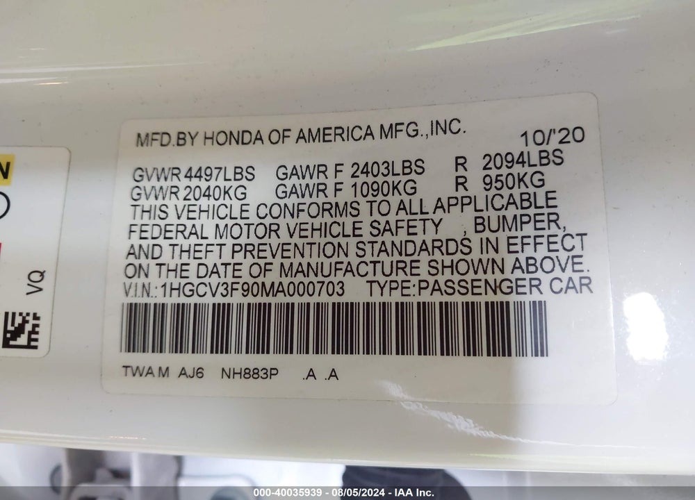 2021 HONDA ACCORD HYBRID TOURING VIN: 1HGCV3F90MA000703