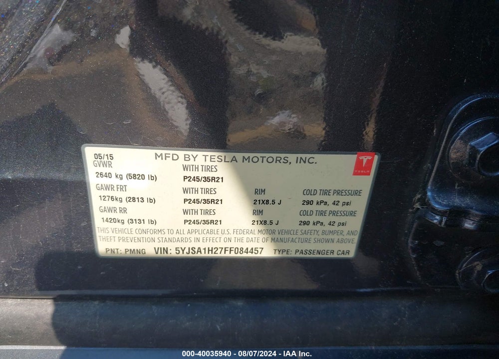 2015 TESLA MODEL S 70D/85D/P85D VIN: 5YJSA1H27FF084457