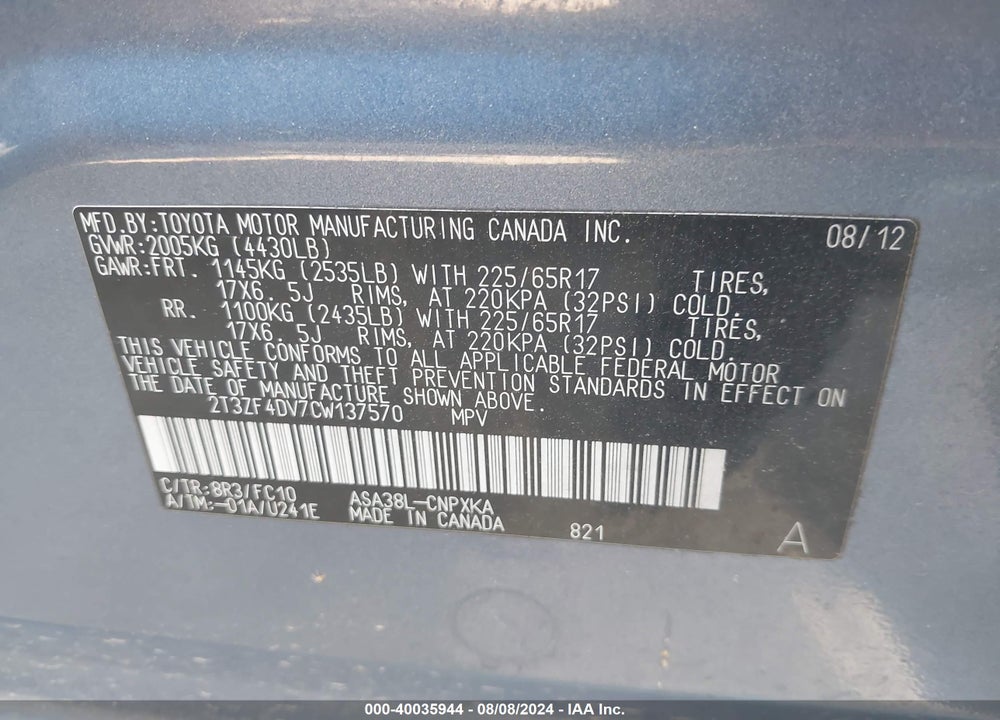 2012 TOYOTA RAV4 VIN: 2T3ZF4DV7CW137570