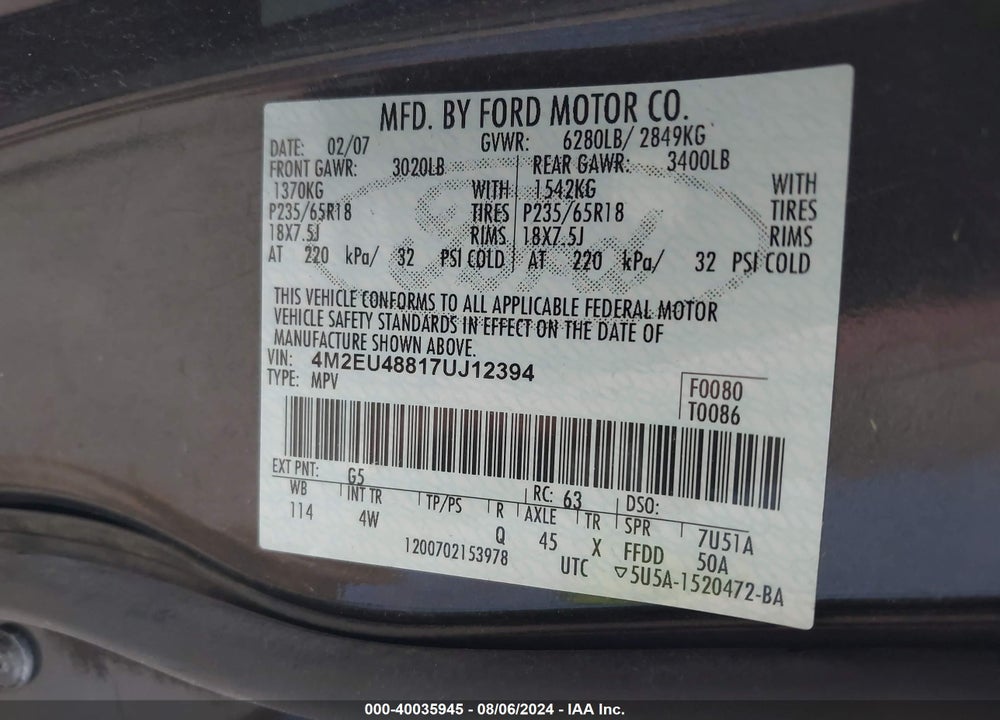 2007 MERCURY MOUNTAINEER VIN: 4M2EU48817UJ12394