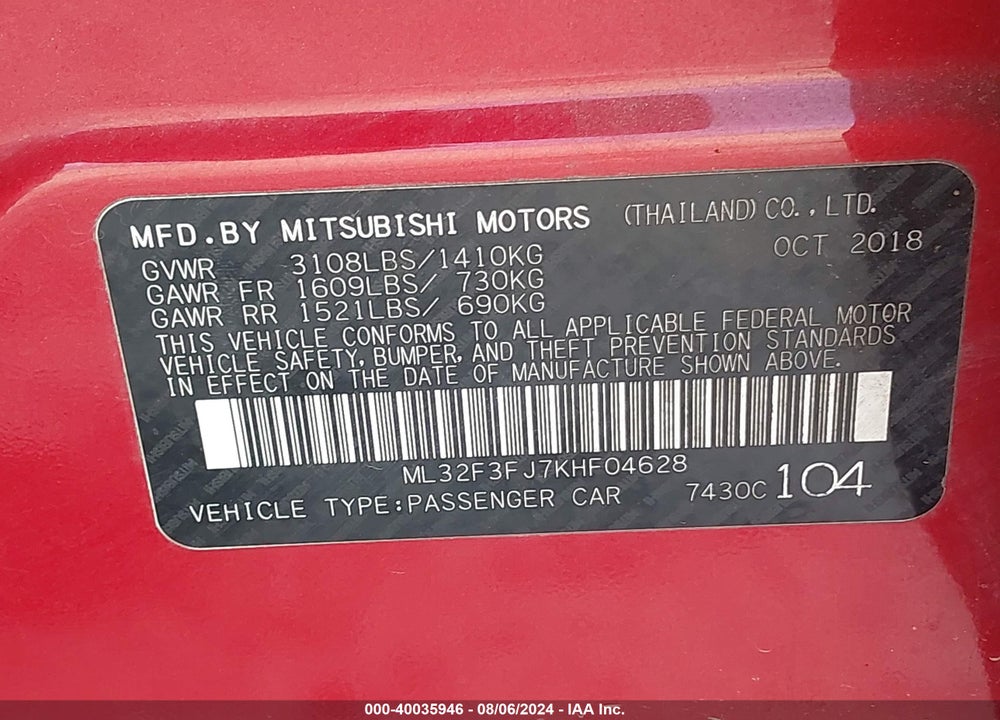 2019 MITSUBISHI MIRAGE G4 ES VIN: ML32F3FJ7KHF04628