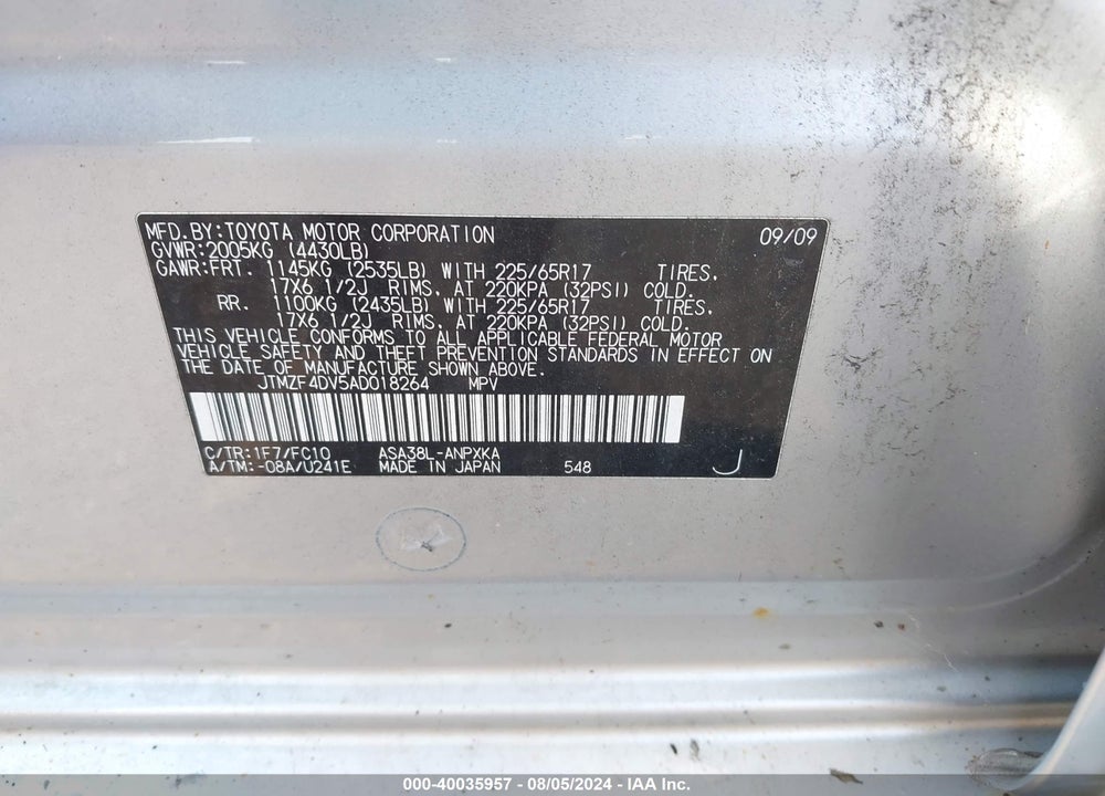 2010 TOYOTA RAV4 VIN: JTMZF4DV5AD018264