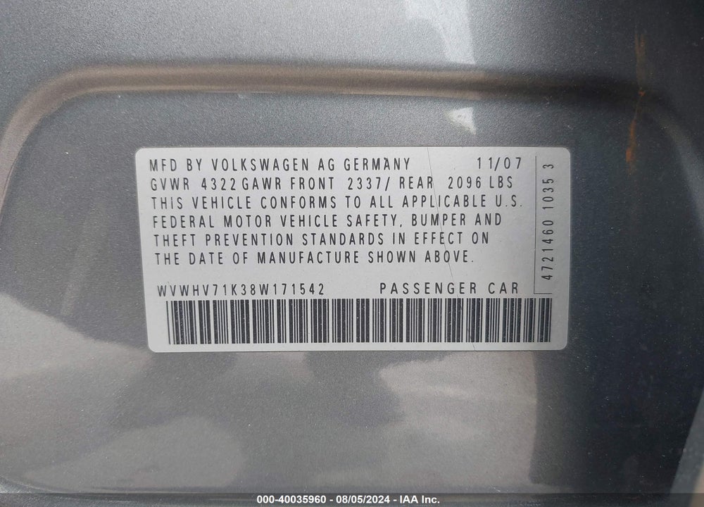 2008 VOLKSWAGEN GTI 4-DOOR VIN: WVWHV71K38W171542