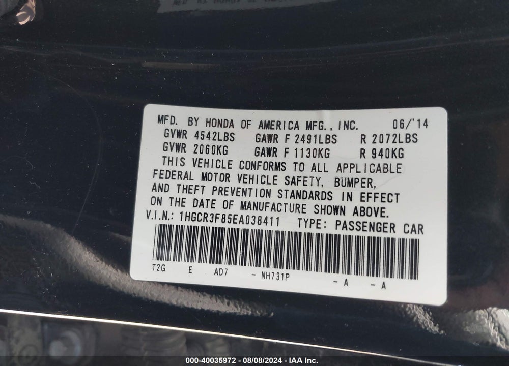 2014 HONDA ACCORD VIN: 1HGCR3F85EA038411