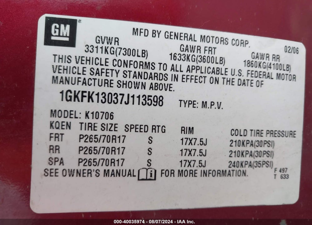 2007 GMC YUKON SLT VIN: 1GKFK13037J113598