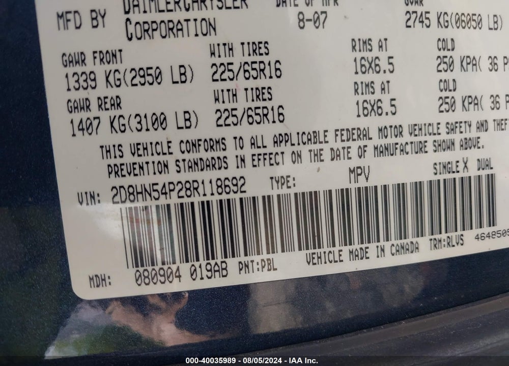 2008 DODGE GRAND CARAVAN SXT VIN: 2D8HN54P28R118692