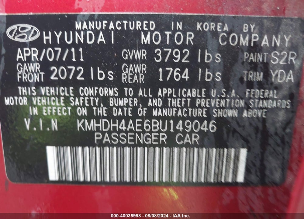 2011 HYUNDAI ELANTRA GLS (ULSAN PLANT) VIN: KMHDH4AE6BU149046