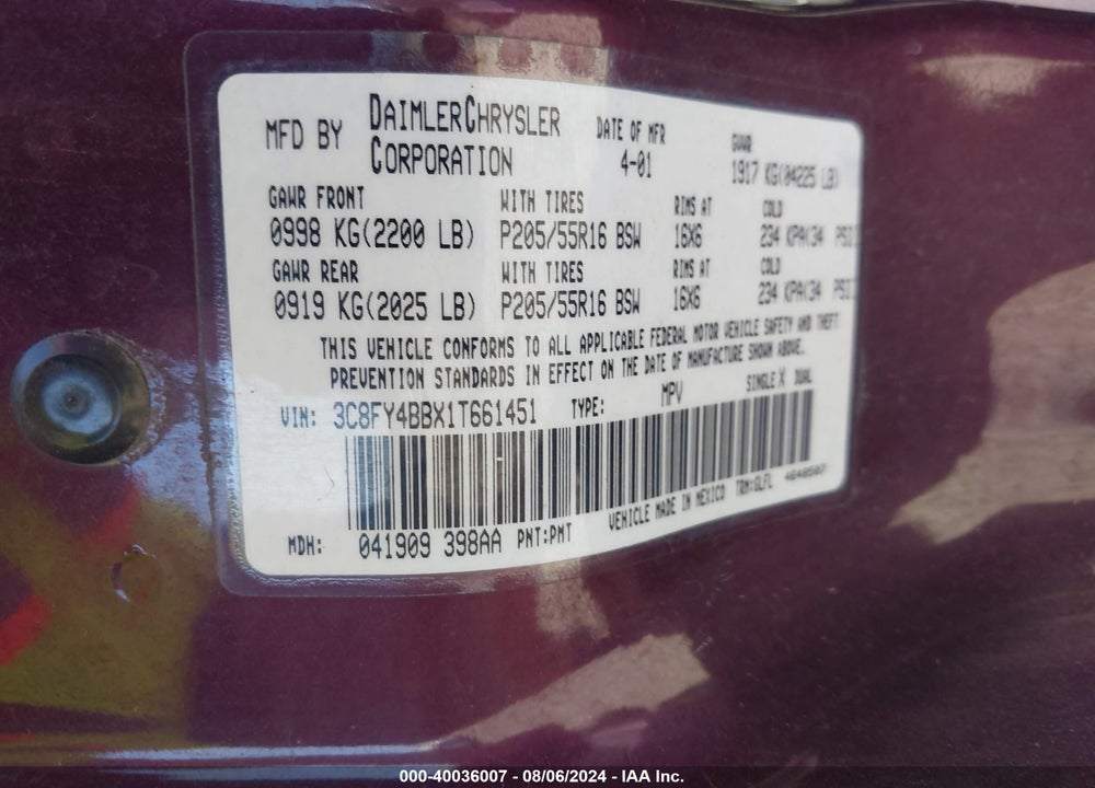 2001 CHRYSLER PT CRUISER VIN: 3C8FY4BBX1T661451