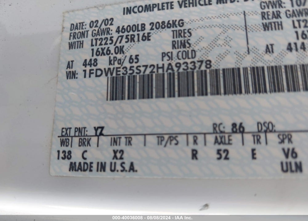 2002 FORD E-350 CUTAWAY STANDARD VIN: 1FDWE35S72HA93378