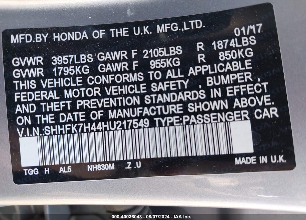 2017 HONDA CIVIC SPORT VIN: SHHFK7H44HU217549